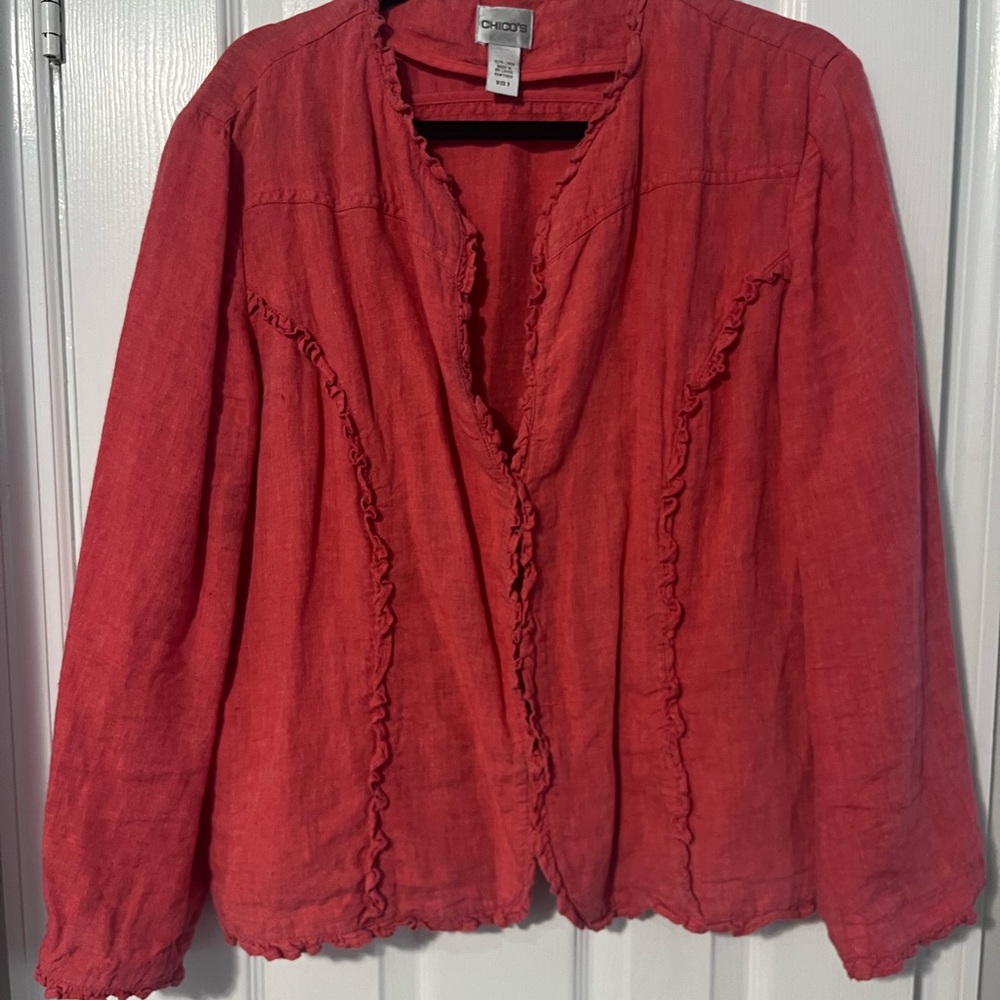Chico's Sz 3 Coral Linen Ruffle-Trim Jacket